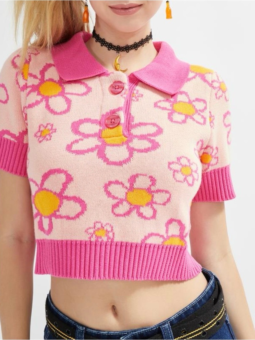 dELiA*s Retro Taste Pink Floral Polo Sweater